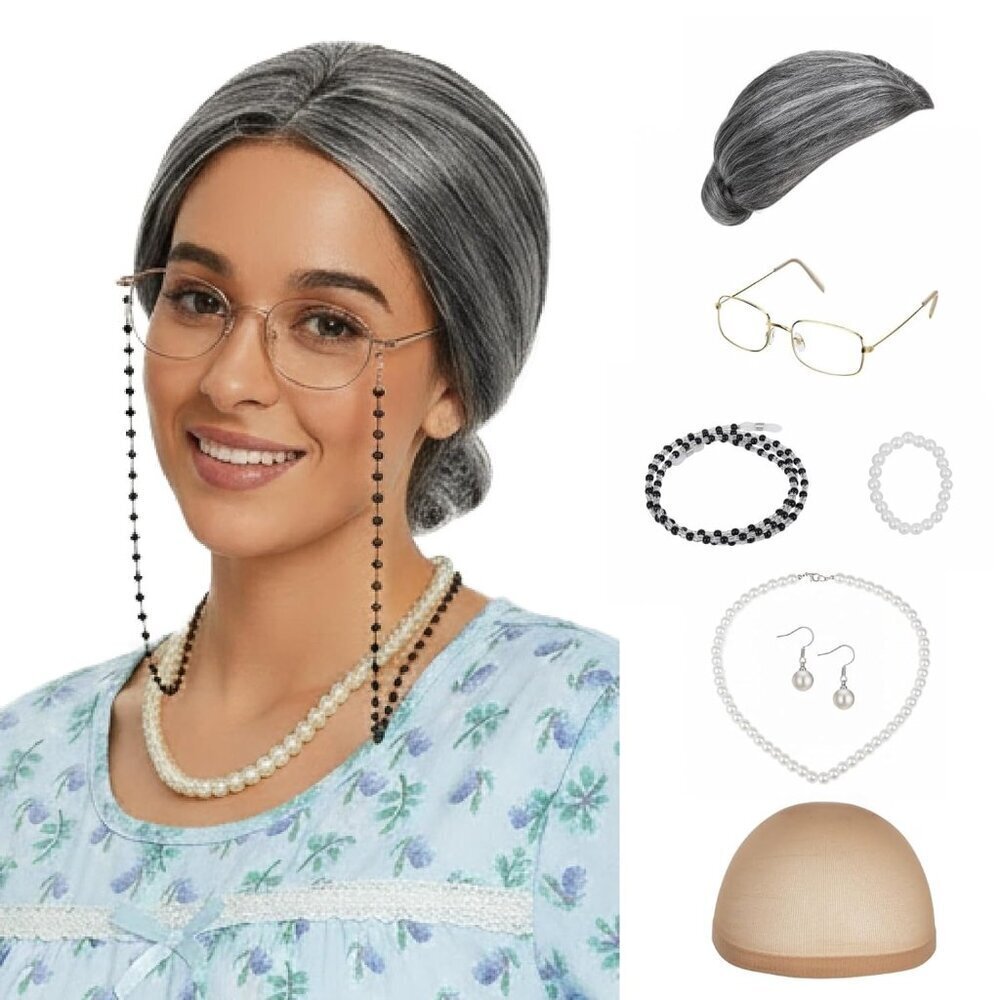 Gray Granny Wig Costume for Women 7 Piece Set Halloween Cosplay
